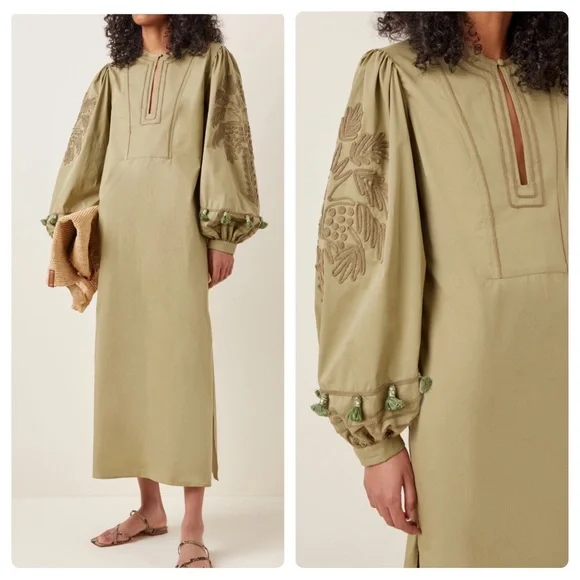 Johanna Ortiz Dancing In Rio Embroidered Cotton Midi Long Dress Green Size 8 - Picture 1 of 10